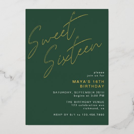 Invitation En Aluminium Sweet sixteen Emerald Green et Gold 16e anniversai (Recto)