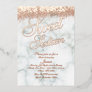 Invitation En Aluminium Sweet sixteen en marbre Rose or Parties scintillan