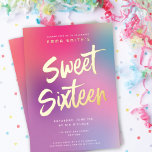 Invitation En Aluminium Sweet sixteen moderne coloré Anniversaire de fête<br><div class="desc">Cet invitation de fête d'anniversaire Sweet sixteen moderne présente un arrière - plan dégradé coloré dans les tons rose, aqua et violet avec script de brosse moderne en feuille d'or surélevée et typographie moderne. Le script de message d'accueil dit "Sweet sixteen". L'arrière - plan de dégradé peut être supprimé et...</div>