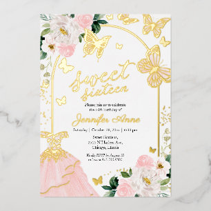 Invitation En Aluminium Sweet sixteen papillon Blush Floral Robe Or