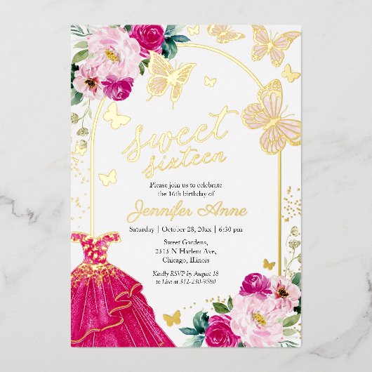 Invitation En Aluminium Sweet sixteen papillon rose chaud robe or (Recto)