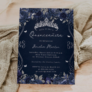 Invitation En Aluminium Swirl argenté de la marine Flore Quinceanera