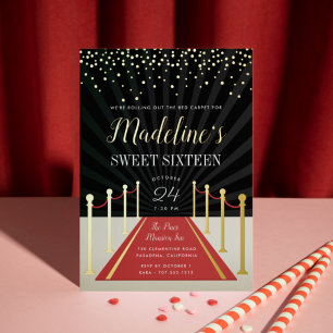 Invitation En Aluminium Tapis Rouge Hollywood Sweet Sixteen Gold