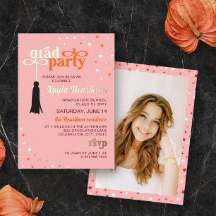 Invitation En Aluminium Tassel & Stars Rose Script Retro Fête de Diplôme O