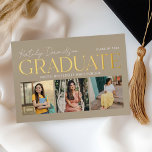Invitation En Aluminium Taupe Gold Graduate Photo Collage Grad Party<br><div class="desc">Celebrate your graduate with this warm and earthy graduation party invitation featuring "Graduate" in gold foil alongside a three-photo collage on a sophisticated taupe background. The back displays "Grad Party" event details in coordinating taupe serif and script typography on white. All text is fully customizable, including the graduate's name, school,...</div>