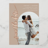 Invitation En Aluminium Taupe photo arc vertical Enregistrer la date (Recto)