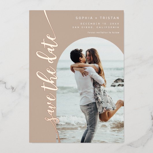 Invitation En Aluminium Taupe photo arc vertical Enregistrer la date (Recto)