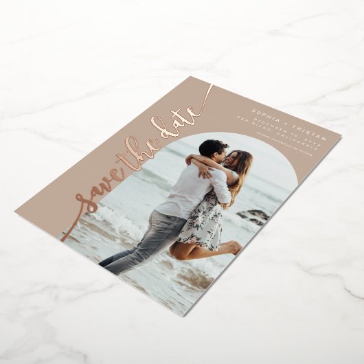Invitation En Aluminium Taupe photo arc vertical Enregistrer la date (Rotation)