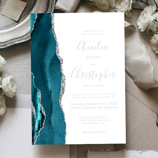 Invitation En Aluminium Teal Blue Silver Agate Modern Script Wedding