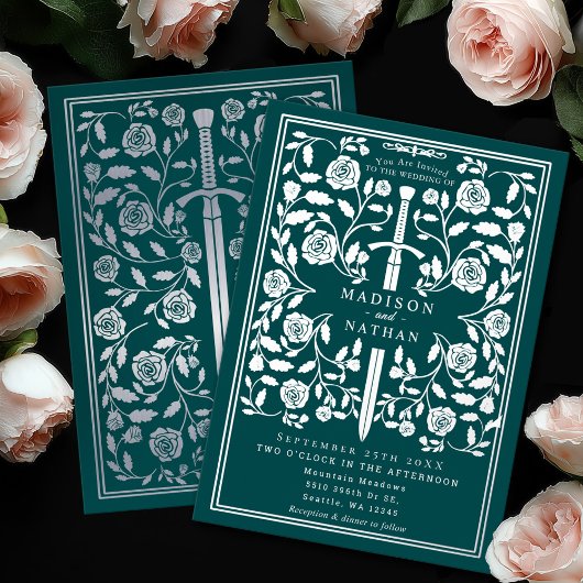 Invitation En Aluminium Teal Royal Medieval Silver Sword Wedding