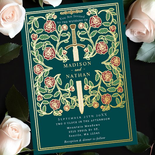 Invitation En Aluminium Teal Sword Floral Medieval Fantasy Wedding
