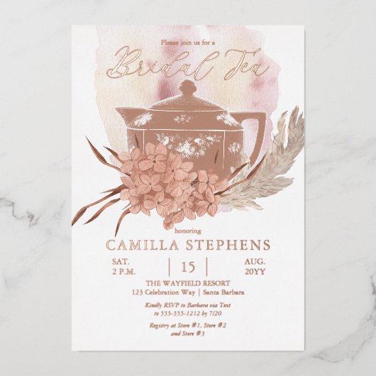 Invitation En Aluminium Teapot | Hydrangeas | Thé nuptial en herbe Pampas (Recto)