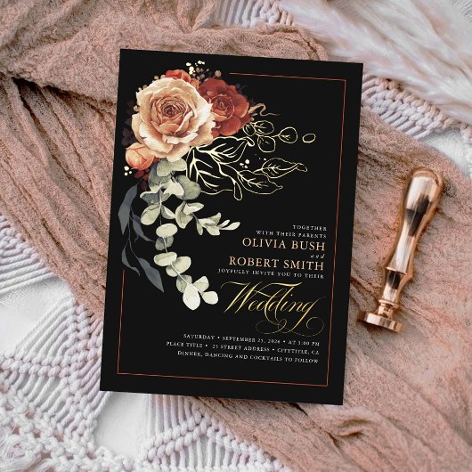 Invitation En Aluminium Terracotta Brûlé Orange Floral Boho noir Mariage