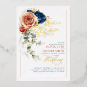 Invitation En Aluminium Terracotta Burnt Orange Floral Mariage bleu marine (Recto)