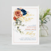 Invitation En Aluminium Terracotta Burnt Orange Floral Mariage bleu marine (Debout devant)