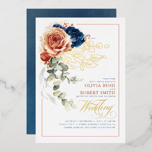 Invitation En Aluminium Terracotta Burnt Orange Floral Mariage bleu marine (Recto/Verso)