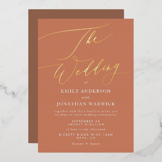 Invitation En Aluminium Terracotta Dusty Orange Elegant Boho Mariage Or (Recto/Verso)