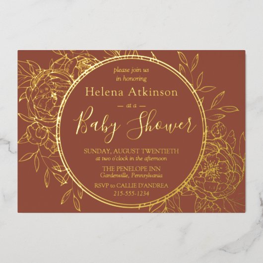 Invitation En Aluminium Terracotta & Gold Modern Peony Toile Baby shower (Recto)