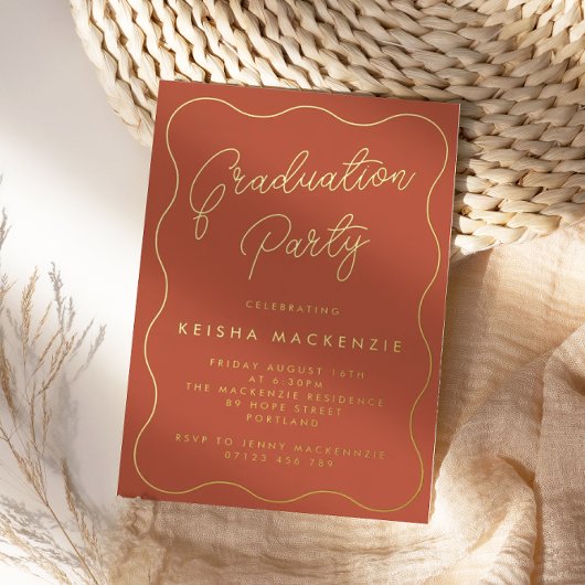 Invitation En Aluminium Terracotta & Gold Squiggle Graduation Party