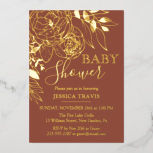Invitation En Aluminium Terracotta & Or Baby shower Floral moderne