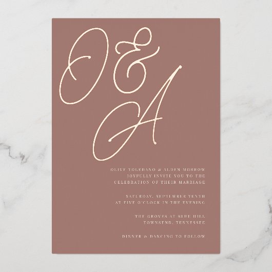 Invitation En Aluminium Terre cuite | Rose Mariage de monogramme de script (Recto)
