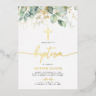 Invitation En Aluminium Texte de baptême de feuille d'eucalyptus en feuill