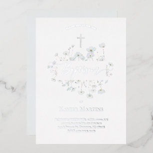 Invitation En Aluminium texte en feuille d'argent Baptême fleurs délicates
