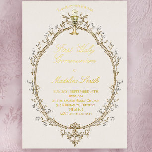 Invitation En Aluminium texte en feuille d'or première communion cadre bei