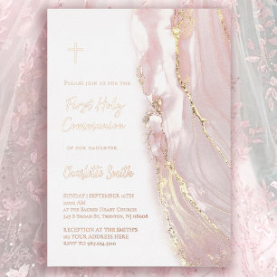 Invitation En Aluminium texte en feuille d'or rose pour première communion