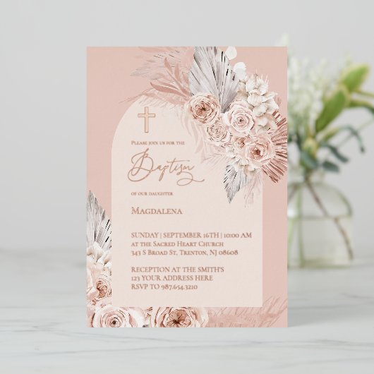 Invitation En Aluminium Texte en or rose Baptême fleurs boho (Debout devant)