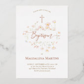 Invitation En Aluminium Texte en or rose Baptême fleurs délicates (Recto)