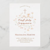 Invitation En Aluminium Texte en or rose Première communion fleurs délicat (Recto)