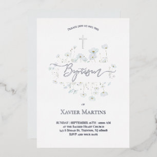Invitation En Aluminium texte feuille d'argent Baptême fleurs délicates