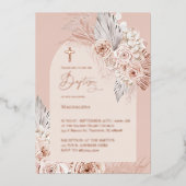 Invitation En Aluminium texte or rose baptême fleurs boho (Recto)