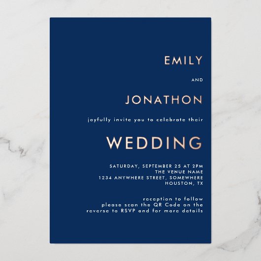 Invitation En Aluminium Texte simple Code QR Mariage Marine Rose Gold Real (Recto)