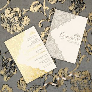 Invitation En Aluminium Tiara Élégante en Dentelle Quinceanera Or