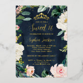 Invitation En Aluminium Tiara Floral Sweet 16 Rose Navy Gold (Recto)