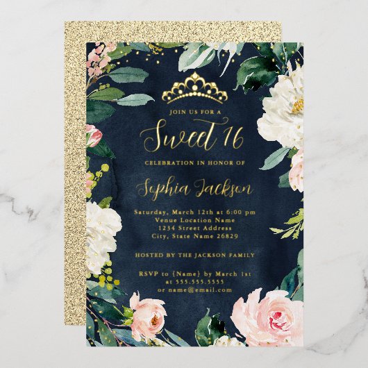 Invitation En Aluminium Tiara Floral Sweet 16 Rose Navy Gold (Recto/Verso)