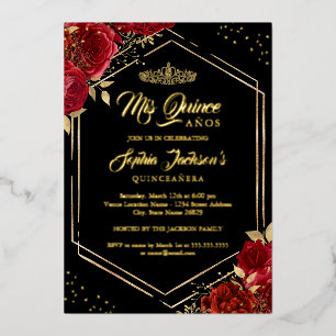 Invitation En Aluminium Tiara Florale Moderne Rouge Or Quinceanera