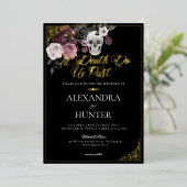 Invitation En Aluminium Til Death Aquarelle Crâne Rose Mariage gothique (Debout devant)