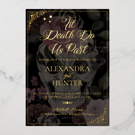 Invitation En Aluminium Til Death Aquarelle Florale Crâne Mariage gothique (Recto)