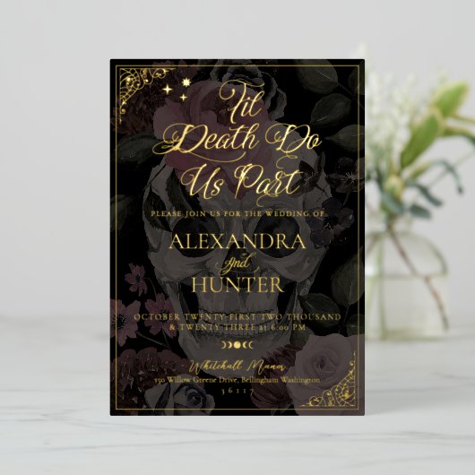 Invitation En Aluminium Til Death Aquarelle Florale Crâne Mariage gothique (Debout devant)