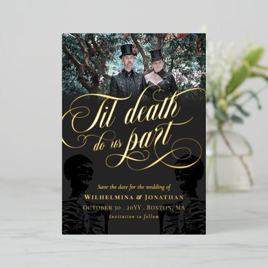 Invitation En Aluminium Til Death Do Us Part Skeleton Photo Save Date (Debout devant)