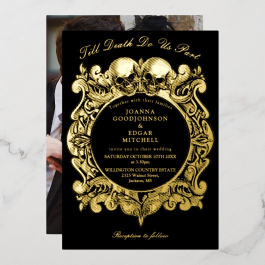 Invitation En Aluminium Till Death Gothic Photo Mariage Noir Et Or (Recto/Verso)