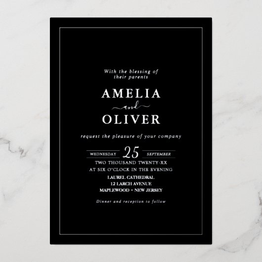 Invitation En Aluminium TIMELESS Black & Silver Minimalist Wedding Design (Recto)