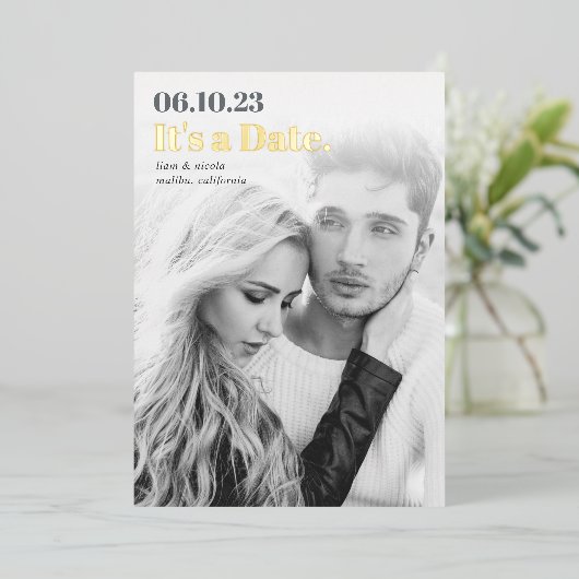 Invitation En Aluminium Titre | Photo Verticale Moderne Enregistrer La Dat (Debout devant)