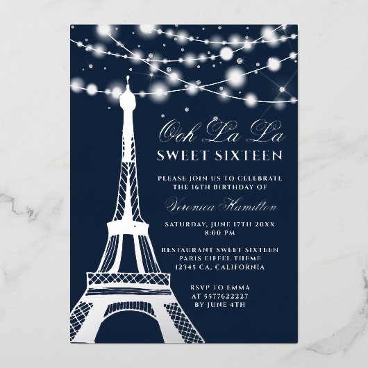 Invitation En Aluminium Tour Eiffel argent lumières parties scintillant bl (Recto)
