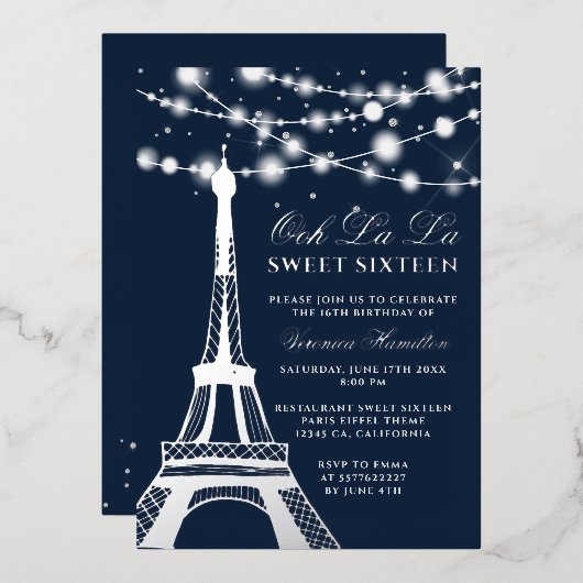 Invitation En Aluminium Tour Eiffel argent lumières parties scintillant bl (Recto/Verso)