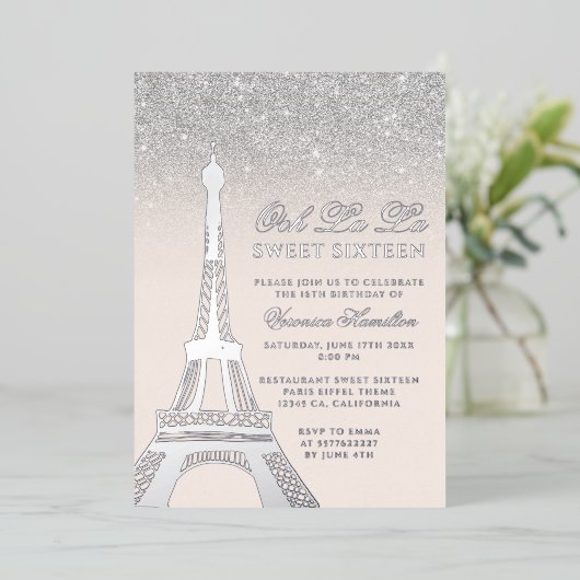 Invitation En Aluminium Tour Eiffel chic argent parties scintillant rose S (Debout devant)