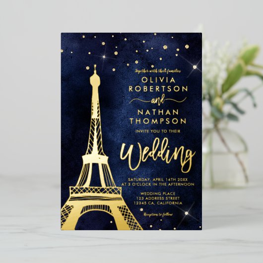 Invitation En Aluminium Tour Eiffel parties scintillant or chic mariage ét (Debout devant)